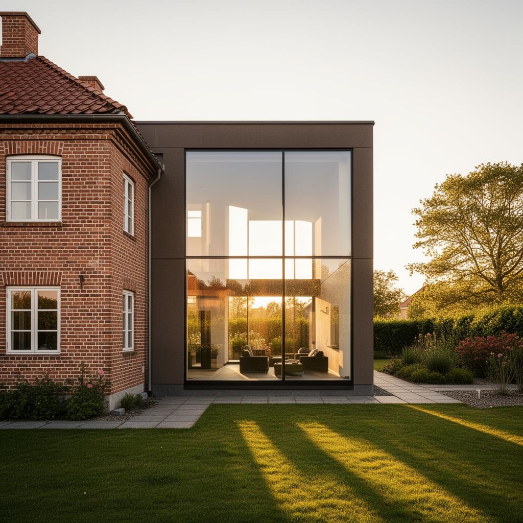Modern tillbyggnad i glas och mörk plåt på en äldre tegelvilla i Höllviken